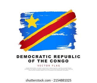 Bandera de la República Democrática del Congo. Pulsaciones de pincel azules, rojas y amarillas, dibujadas a mano. Ilustración vectorial aislada en fondo blanco. Logo colorido.