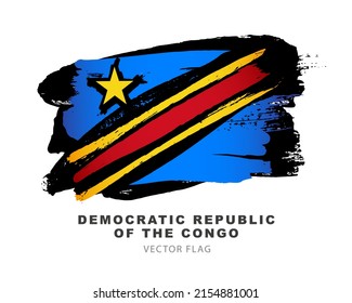 Flag of the Democratic Republic of the Congo. Colored brush strokes drawn by hand. Vector illustration isolated on white background. Colorful logo.