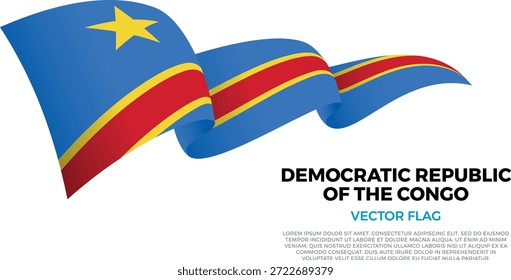 Flag of Democratic Republic of the Congo. Congolese and African Culture. Set against a clean white background with country name and copy space. A shining vector flag rendered in three layers that create a dynamic waving effect with realistic shadows and gradients. The elegant curves and realistic shading create a sense of motion, making it ideal for official themes, international projects, travel materials and cultural presentations