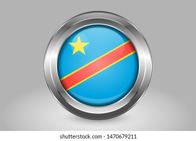 Flag of Democratic Republic of the Congo. Metal and Glass Round Vector Icon. Isolated on Gray Backgrounds