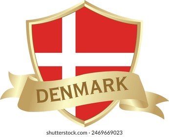 Flag of denmark as around the metal gold shield with denmark flag