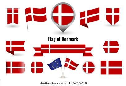 The Flag of Denmark. Big set of icons and symbols. Square and round Danmark flag. Collection of different flags of horizontal and vertical.