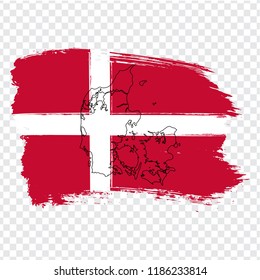 Flag Denmark from brush strokes and Blank map Denmark . High quality map of Denmark  and flag on transparent background. Stock vector. Vector illustration EPS10.