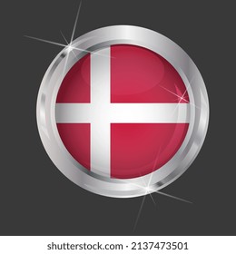 Flag of Denmark in circle. 3D effect. Glossy and shiny button with metal frame and sparkles. Light reflection. Round Graphic design element. Isolated on gray background. Vector image EPS 10. 