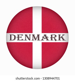 Flag of Denmark in circle shape, Scandinavian northern country. Isolated Danish banner with scratched texture, grunge. Flat style, vector with noise, marble textured background. Square orientation.