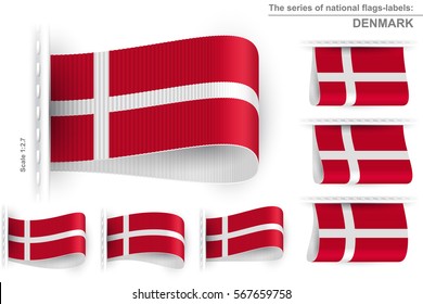 Flag of Denmark is embroidered on the textile tag and sewn with a thread stitch; Set of vector realistic icons of flag of Kingdom of Denmark from a fabric loop