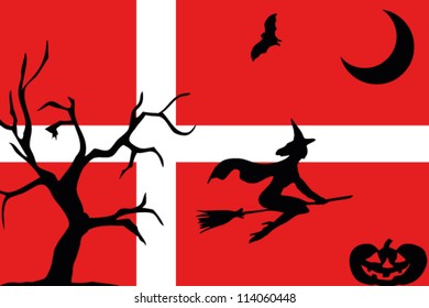 The flag of Denmark with halloween silhouettes