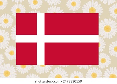 Flag of Denmark with national flowers white daisy emblem background banner vector illustration. 