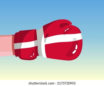 Flag of Denmark on boxing glove. Confrontation between countries with competitive power. Offensive attitude. Separation of power. Template ready design.