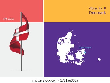 Flag of Denmark on white background. Map of Denmark with Capital position - Copenhagen. The script in arabic means Denmark
