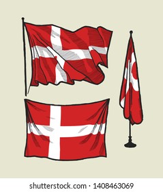 Flag of Denmark on the wind and on the wall - vector drawing illustration set