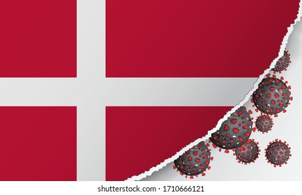 Flag of Denmark with outbreak deadly coronavirus covid-19. Banner with the spread of Coronavirus 2019-nCoV. A large bacteriums against background of the national flag.Concept of coronavirus quarantine