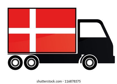 The flag of Denmark painted on the side of the silhouette of a truck