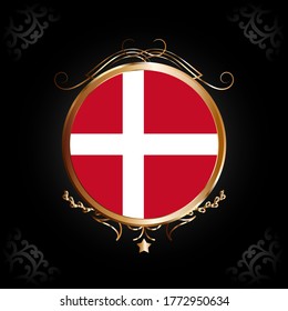 Flag of Denmark round icon with gold Circle Frame, badge or button. Denmark national symbol. Vector illustration.