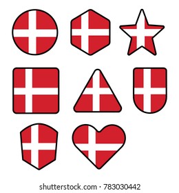 Flag of Denmark in the shape of Button, Hexagon, Star, 
Rectangle, Triangle, Shield, Heart,  Flat Style