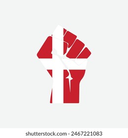 Flag of Denmark in the shape of raised hand sign isolated on background. Fist symbol modern, simple, vector, icon for website design, mobile app, ui. Vector Illustration