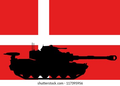 The flag of Denmark with the silhouette of a tank