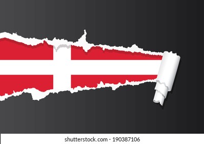 Flag of Denmark under ripped paper vector illustration.