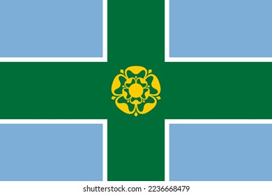 Flag of Derbyshire Ceremonial county (England, United Kingdom of Great Britain and Northern Ireland, uk) Green cross on blue background with gold Tudor Rose in the centre