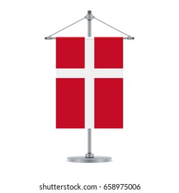 Flag design. Danish flag on the metallic cross pole. Isolated template for your designs. Vector illustration.
