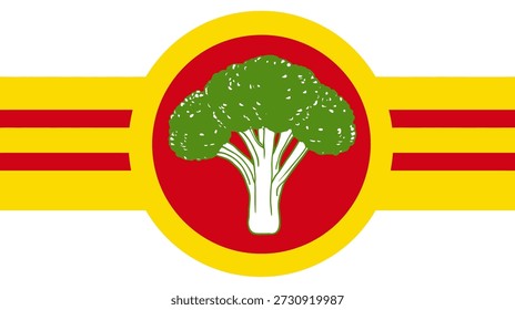 A flag design featuring a broccoli image surrounded by a red circle within a yellow and white layout