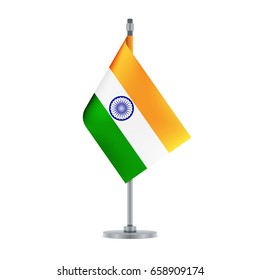 Flag design. Indian flag hanging on the metallic pole. Isolated template for your designs. Vector illustration.