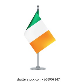 Flag design. Irish flag hanging on the metallic pole. Isolated template for your designs. Vector illustration.