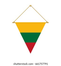 Flag design. Lithuanian triangle flag hanging. Isolated template for your designs. Vector illustration.