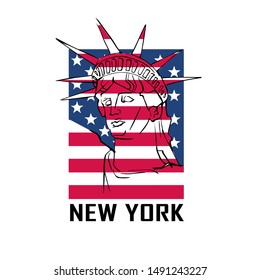 Flag design for New York City with line drawing of the State of Liberty overlaid with the American Stars and Stripes national flag in red , white and blue with text below