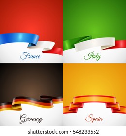 Flag design ribbon concept icons set with France Italy Germany and Spain symbols  flat isolated vector illustration 