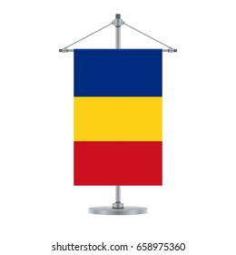 Flag design. Romanian flag on the metallic cross pole. Isolated template for your designs. Vector illustration.