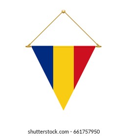 Flag design. Romanian triangle flag hanging. Isolated template for your designs. Vector illustration.