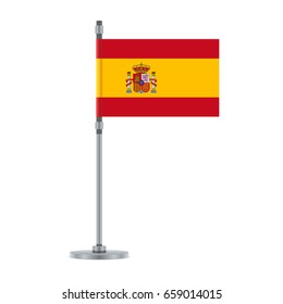 Flag design. Spanish flag on the metallic pole. Isolated template for your designs. Vector illustration.