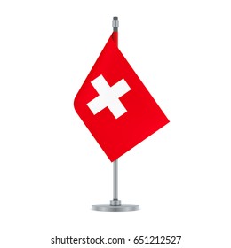 Flag design. Swiss flag hanging on the metallic pole. Isolated template for your designs. Vector illustration.