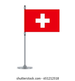 Flag design. Swiss flag on the metallic pole. Isolated template for your designs. Vector illustration.