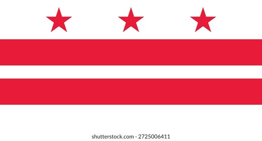 La bandera del Distrito de Columbia presenta tres estrellas rojas sobre dos franjas rojas Horizontales sobre un fondo blanco. Esta bandera representa a Washington, D.C. la capital de Estados Unidos, Estados Unidos