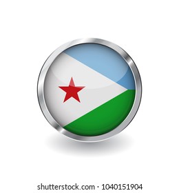 Flag of djibouti, button with metal frame and shadow. djibouti flag vector icon, badge with glossy effect and metallic border. Realistic vector illustration on white background.