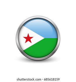 Flag of Djibouti, button with metal frame and shadow