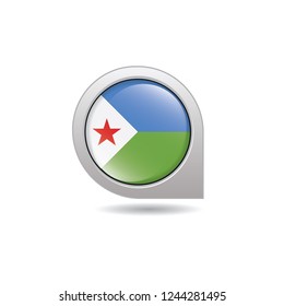 Flag of Djibouti, button with the reflection of light and shadow, gray frame, Icon country. Realistic vector illustration on white background.