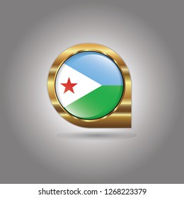 Flag of Djibouti, button with the reflection of light and shadow, gold frame, Icon country. Realistic vector illustration on gray background.
