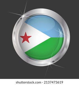 Flag of Djibouti in circle. 3D effect. Glossy and shiny button with metal frame and sparkles. Light reflection. Round Graphic design element. Isolated on gray background. Vector image EPS 10. 