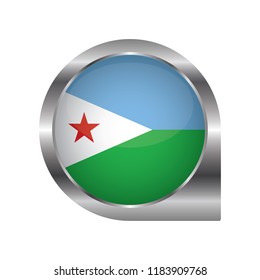 Flag of Djibouti, location map pin, pointer flag, button with the reflection of light and shadow, silver frame, Icon country. Realistic vector illustration on white background.