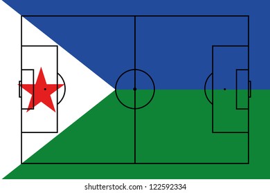 The flag of Djibouti with the outline of a football pitch on it