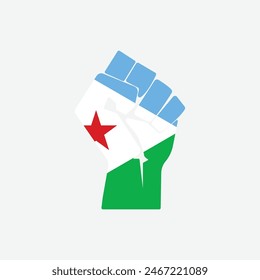 Flag of Djibouti in the shape of raised hand sign isolated on background. Fist symbol modern, simple, vector, icon for website design, mobile app, ui. Vector Illustration