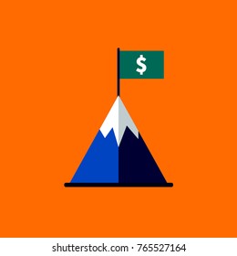 Flag with dollar sign on top of mountain. Achievements in business. Career growth. Icon profit. Business concept. Stock vector