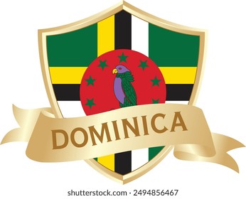 Flag of dominica as around the metal gold shield with dominica flag