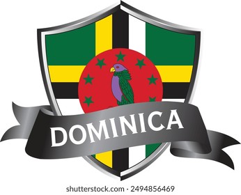 Flag of dominica as around the metal silver shield with dominica flag