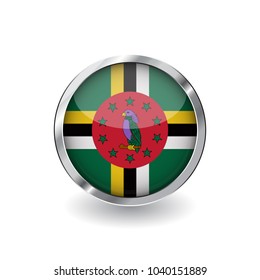 Flag of dominica, button with metal frame and shadow. dominica flag vector icon, badge with glossy effect and metallic border. Realistic vector illustration on white background.