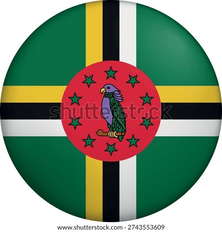Flag of Dominica. Glossy circular flag. Button appearance. 3D Icon Design with depth. Professional, tactile look. Perfect for representing national identity in digital interfaces and perfect for websites