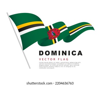 The flag of Dominica hangs on a flagpole and flutters in the wind. Vector illustration isolated on white background. Colorful Dominica flag logo.